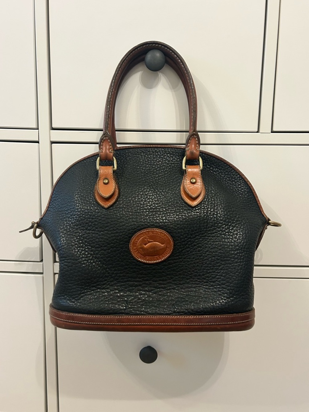 Vintage Dooney & Bourke Black Pebble Leather Bag with Brown Trim